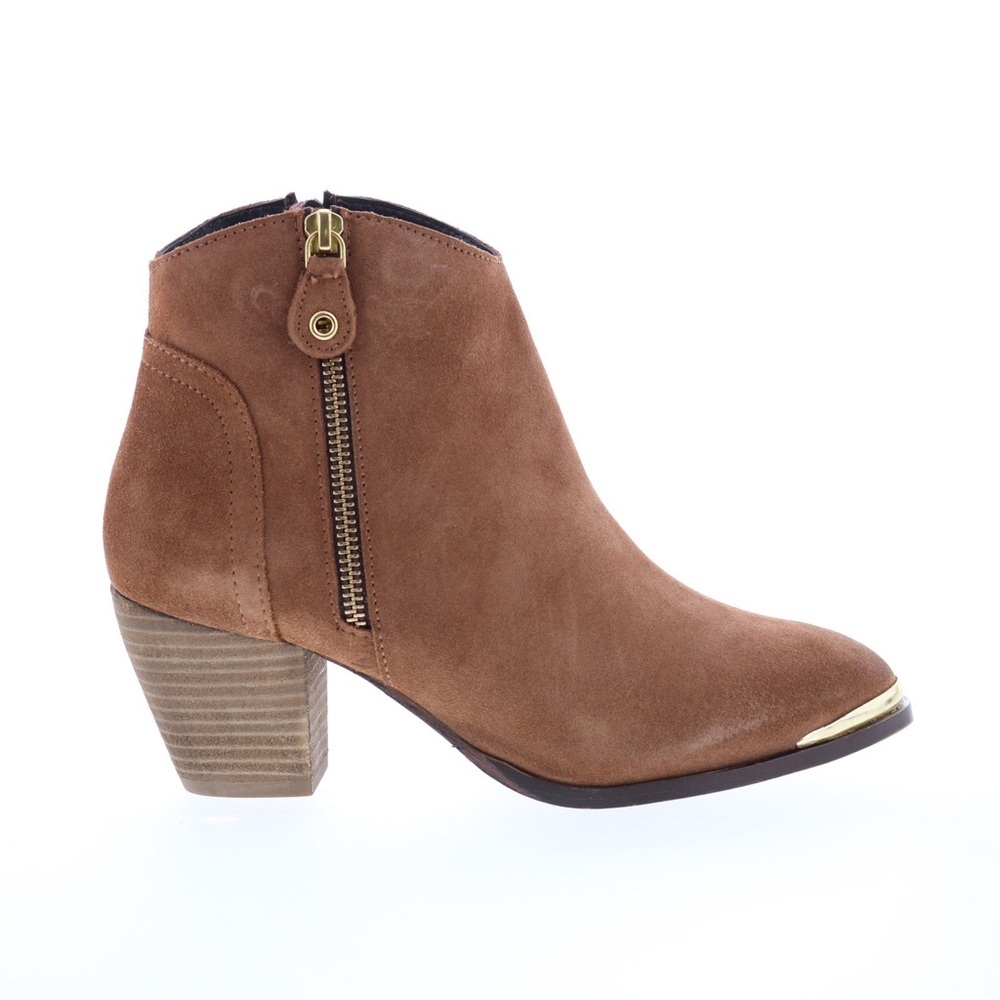 Diba Tan Suede Ankle Bootie with Gold Toe Accent